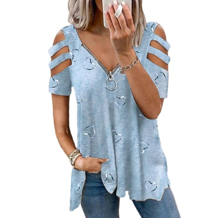 Zip It Up: Embrace Effortless Style with Our Must-Have V-Neck Zipper Short-Sleeve Casual Top! - Beachwear Australia