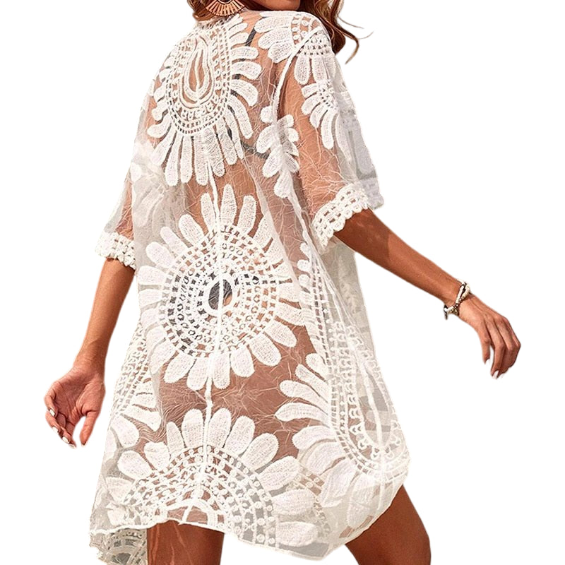 Lace & Embroidery Delight: Sheer Tunic Dress Cover-Up Beige Beachwear Australia