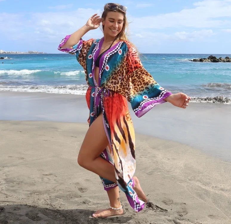 Ocean Chic: 2023 Boho Breeze Kimono – Luxe Beachwear Edition Red leopard Beachwear Australia