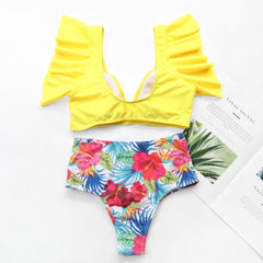 High Waist Bottoms with Ruffle Sleeves Bathing Suit Yellow Blue Beachwear Australia